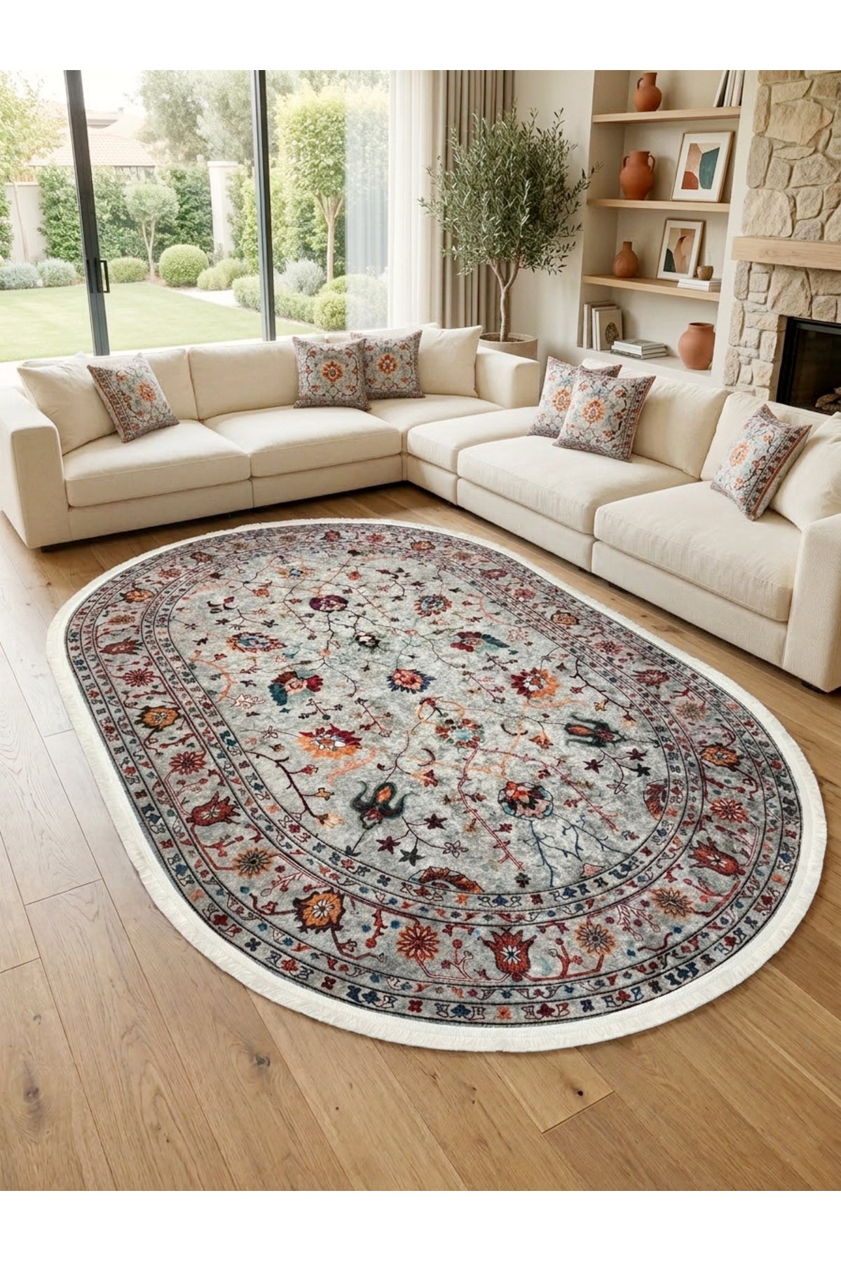 Gri Renk Vintage Çiçekli Oval Lateks Kaymaz Taban Halı