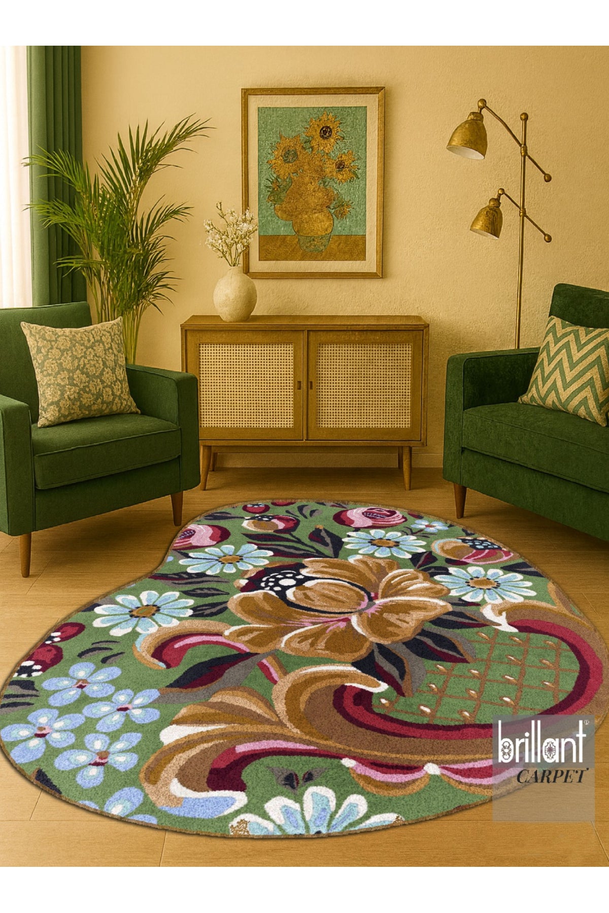 Yeşil Çiçek Desenli Floral Lateks Taban Halı