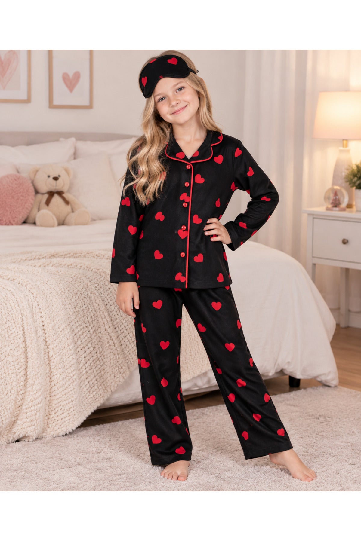 Kız çocuk pamuklu düğmeli kalp desenli uzun kollu süet pijama takımı