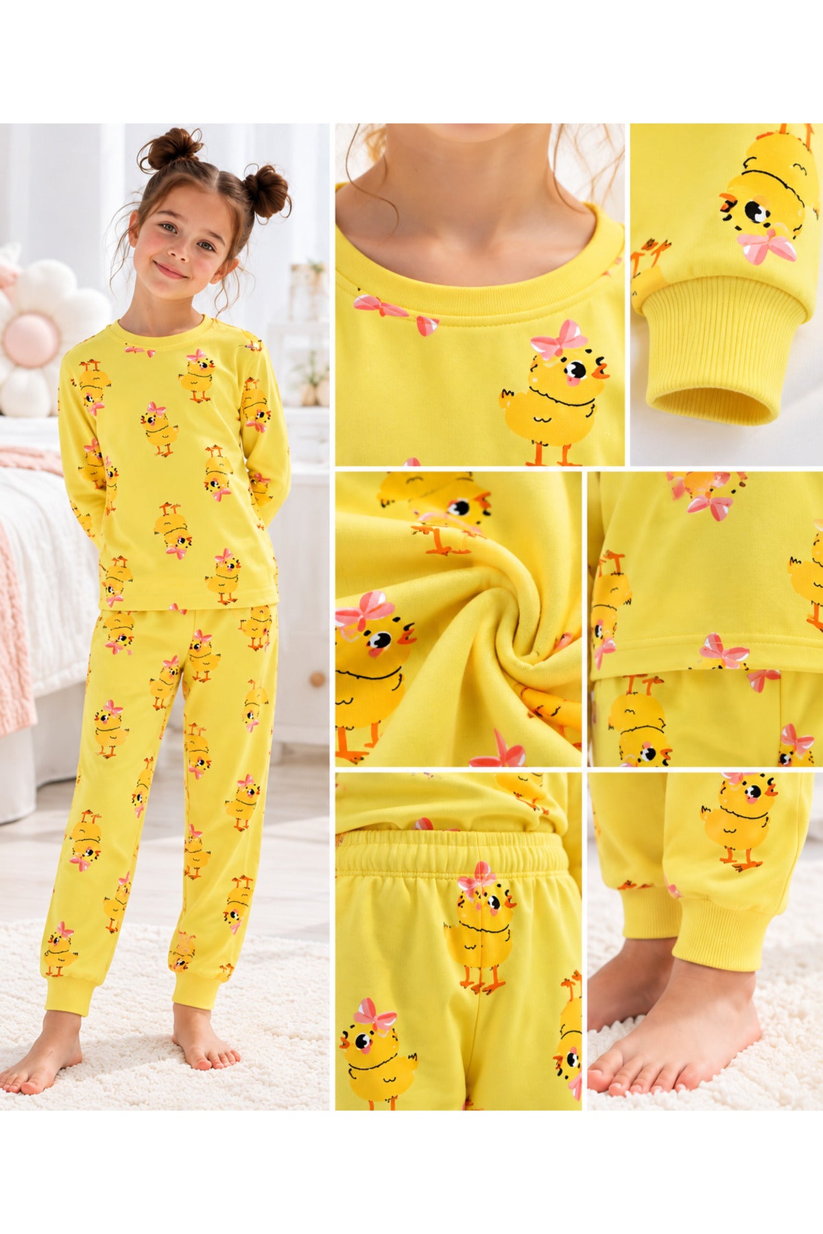 Kız çocuk %100 pamuklu elmas kids sevimli civciv desenli uzun kollu pijama takımı