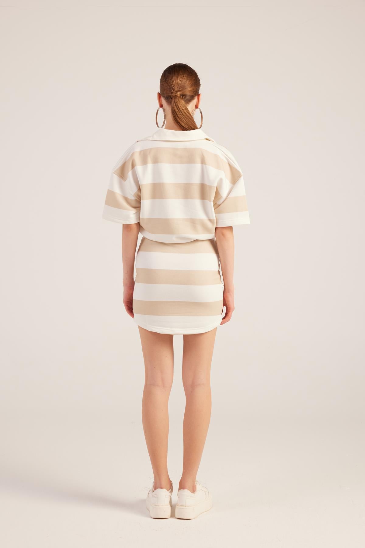 Polo Yaka Çizgili Mini Pamela Elbise Bej