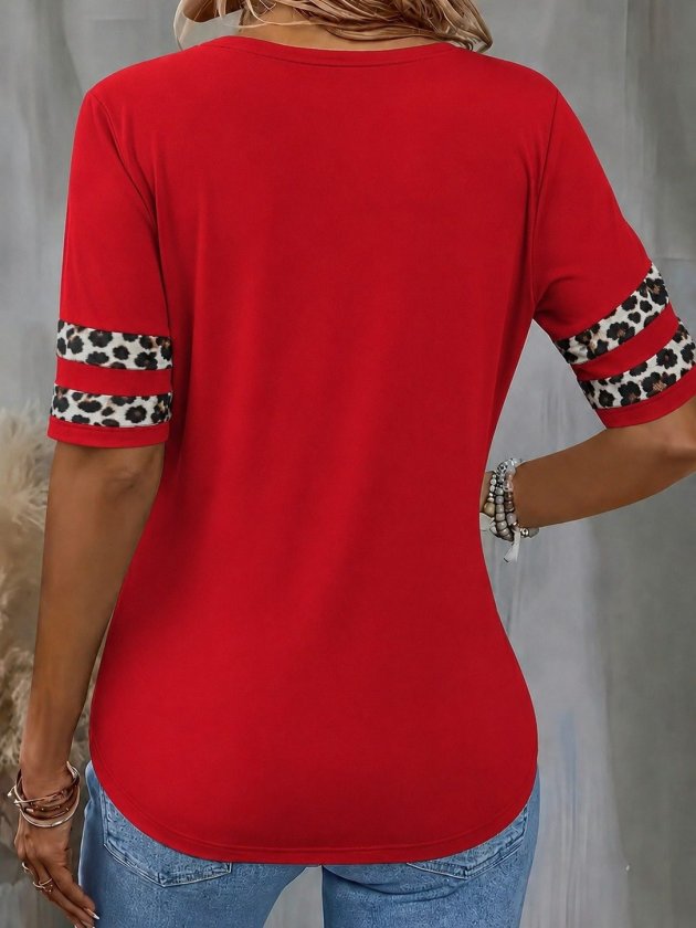 Women's Short-Sleeve V-Neck Leopard-Print Viscose Blouse