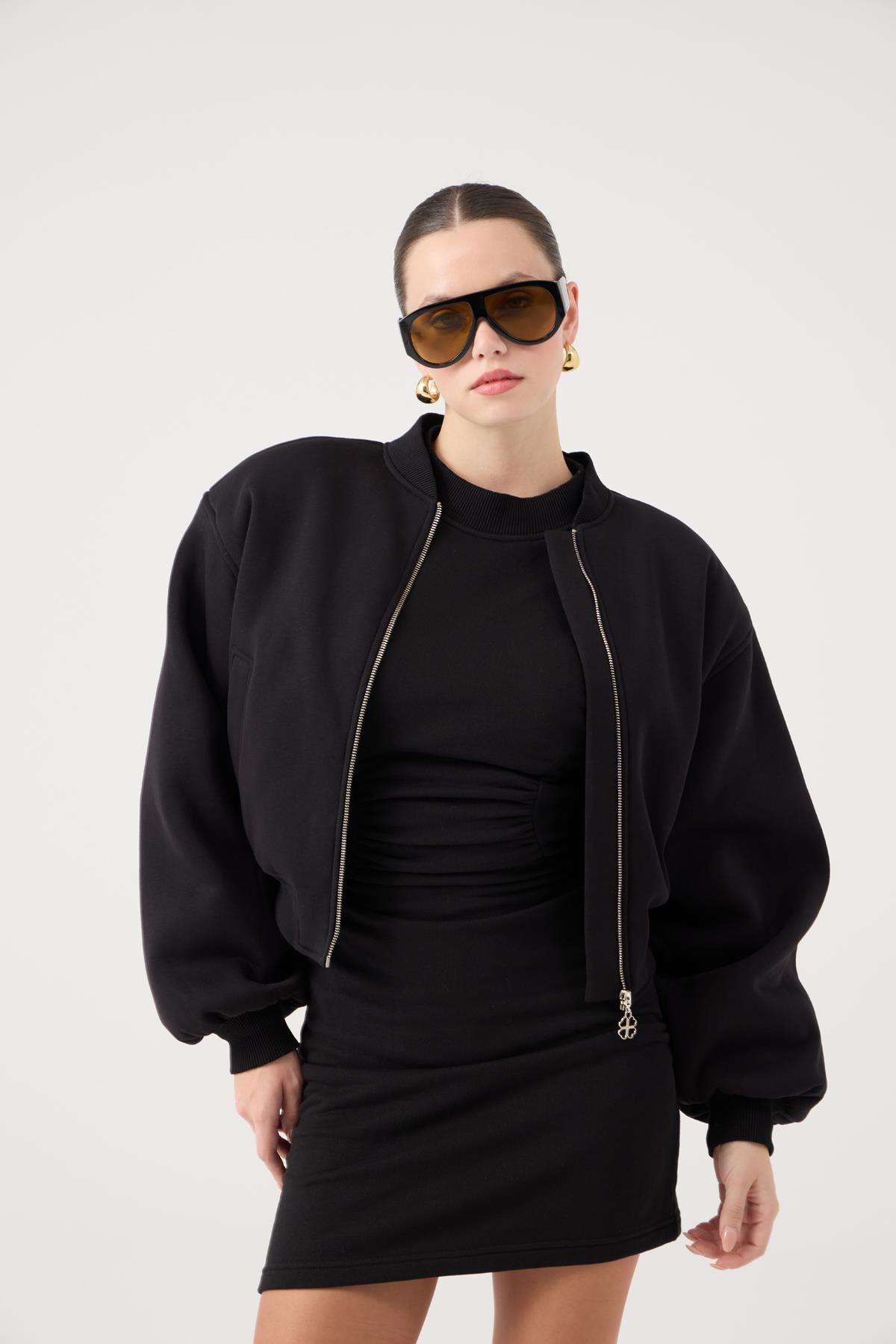 Crop Kesim Vatkalı Parker Bomber Ceket Siyah