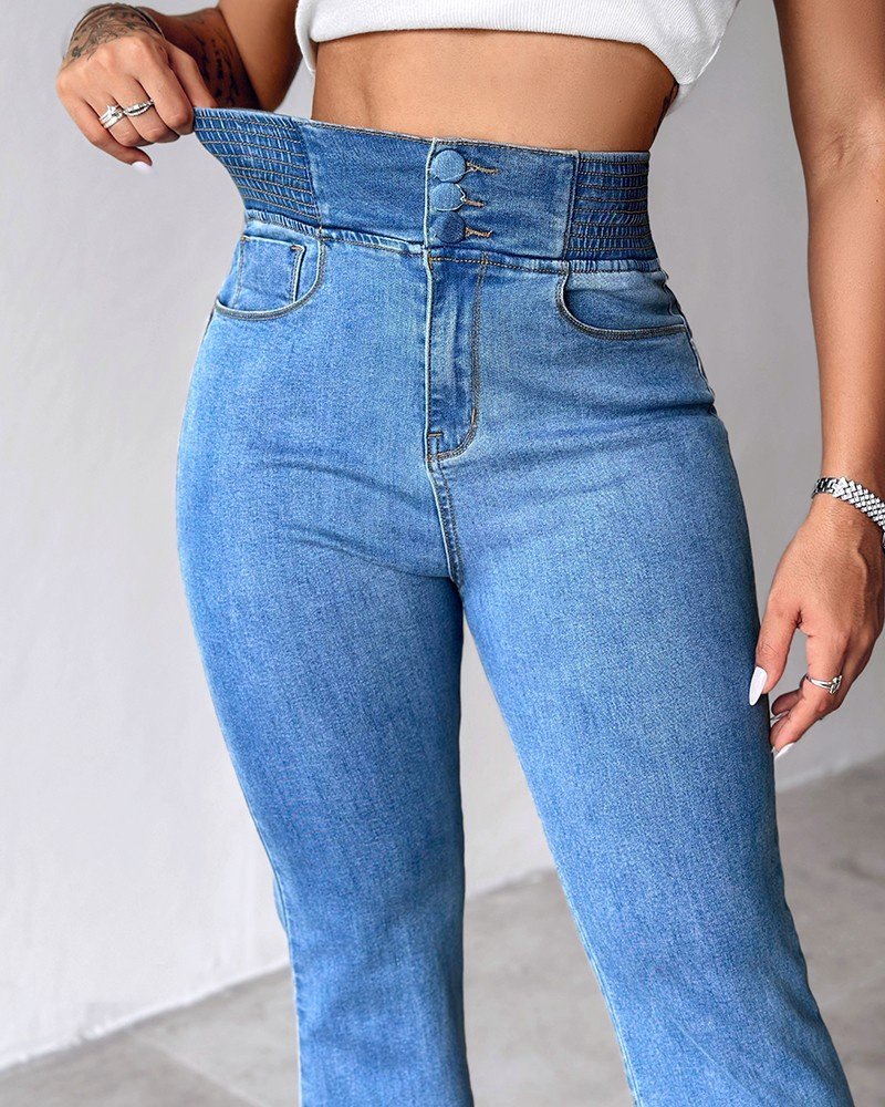 Kadın Yüksek Bel Yanları Lastik önü Düğmeli Kot Pantolon