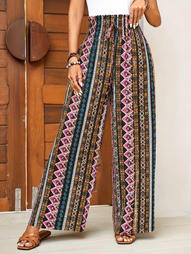 Kadın Yüksek Bel Belden Bağcıklı Desenli Uzun Süprem Pantolon