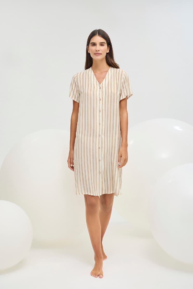 16388 Kadın Düğmeli V Yaka Elbise