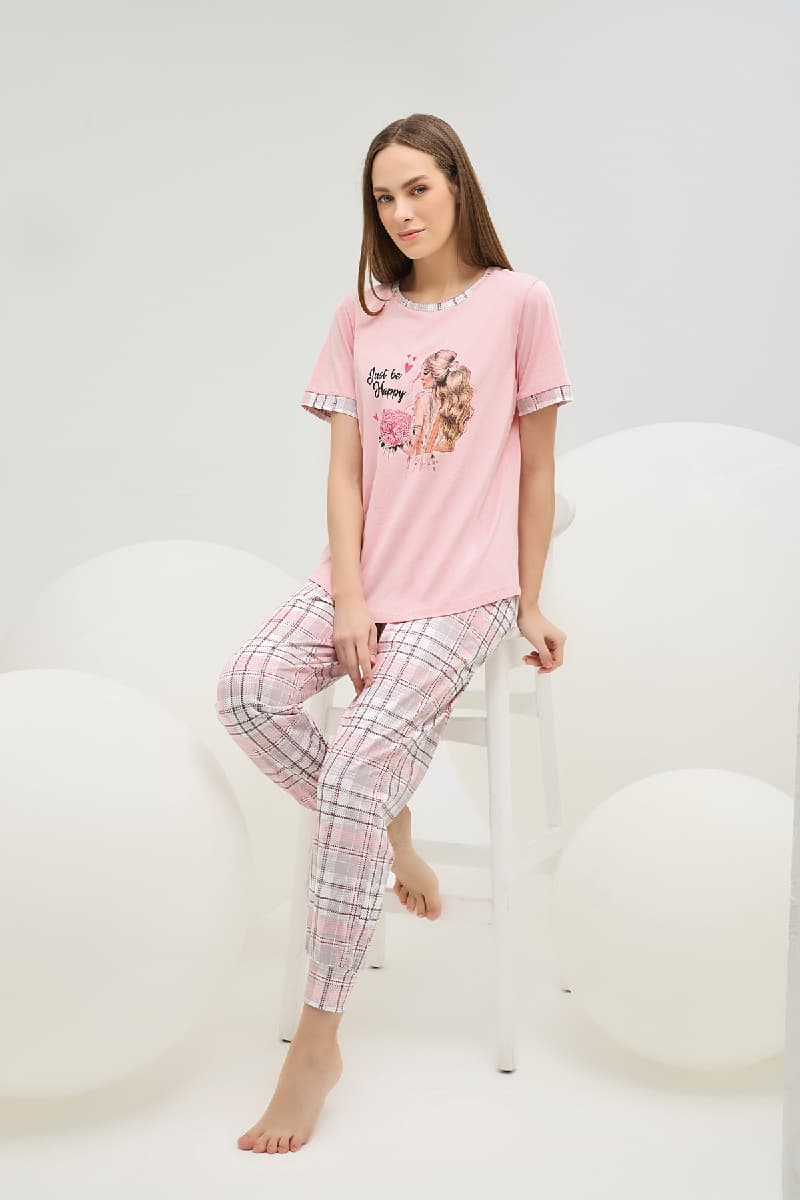 16621 Kadın Baskılı Bisiklet Yaka Pijama Takım