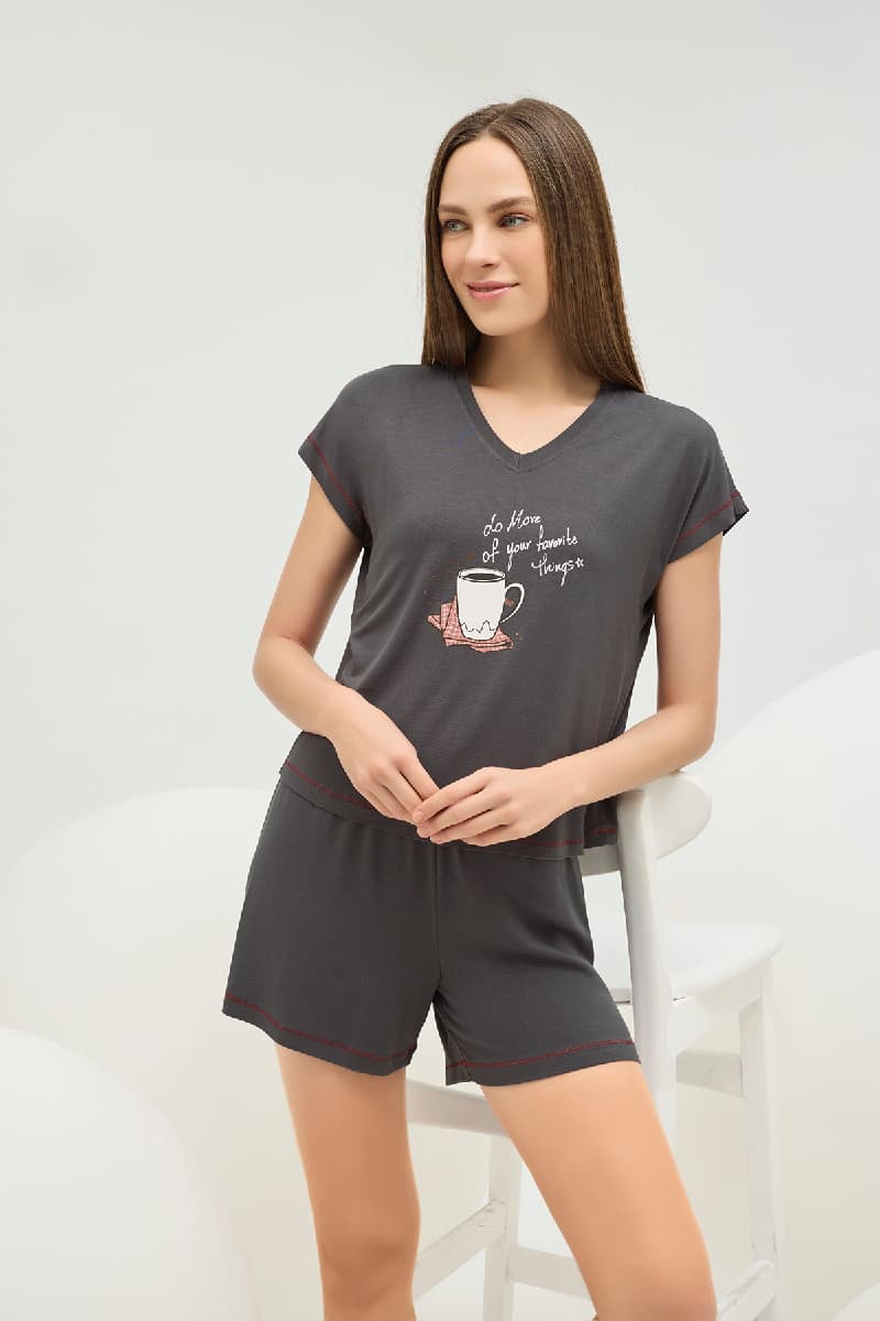 16617 Kadın V Yaka Baskılı Şort Takım