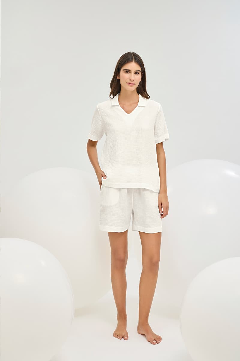 16836 Kadın Gömlek Yaka Bluz Şort Takım