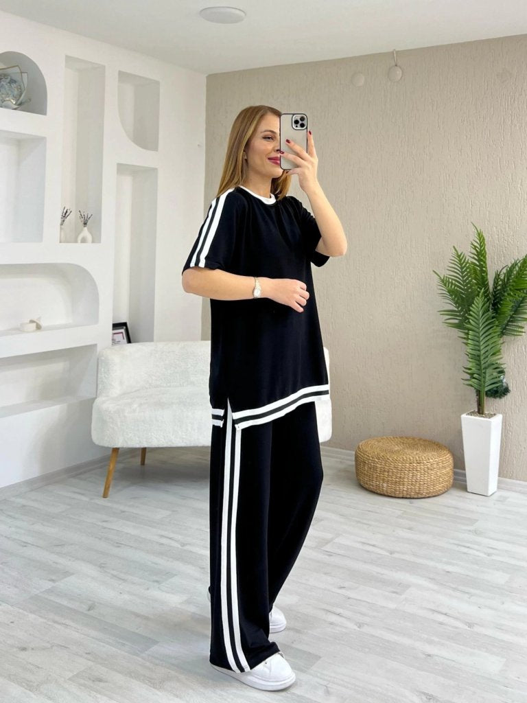 Kadın Kısa Kollu Bisiklet Yaka çift Renk şerit Detaylı Viskon Iki Iplik Bluz Ve Pantolon Ikili Takım , 33929