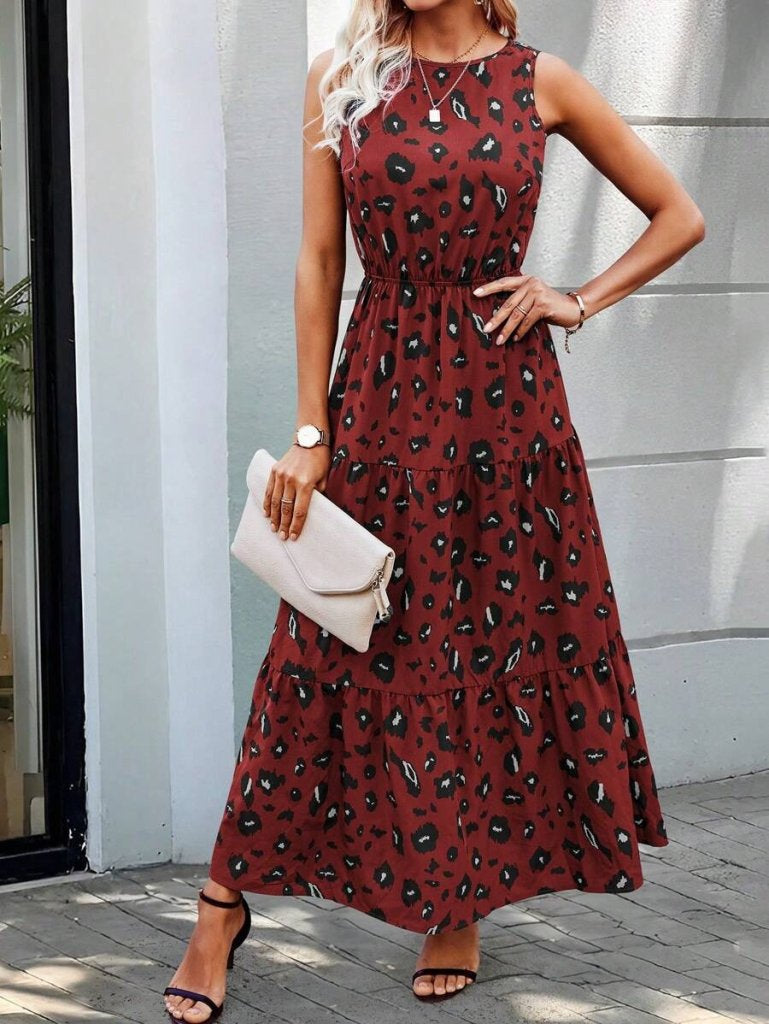 Kadın Kolsuz Bisiklet Yaka Beli Lastikli Desenli Süprem Elbise , 34960