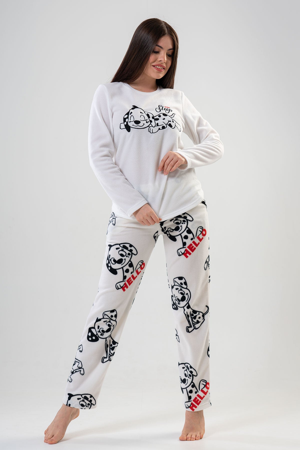 BAYAN POLAR O YAKA UZUN KOL ETEGI OVAL CEPLI PIJAMA TAKIM