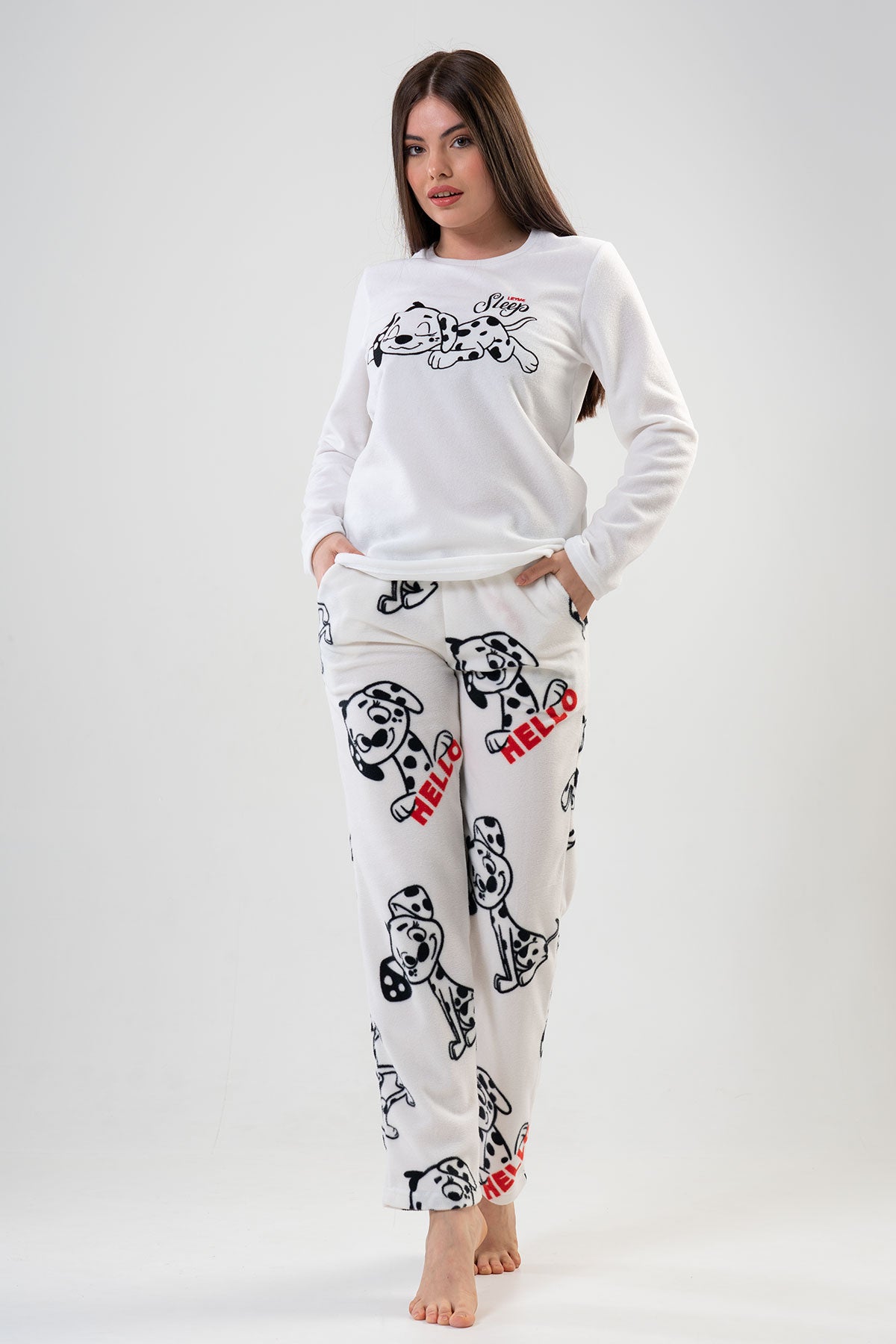 BAYAN POLAR O YAKA UZUN KOL ETEGI OVAL CEPLI PIJAMA TAKIM