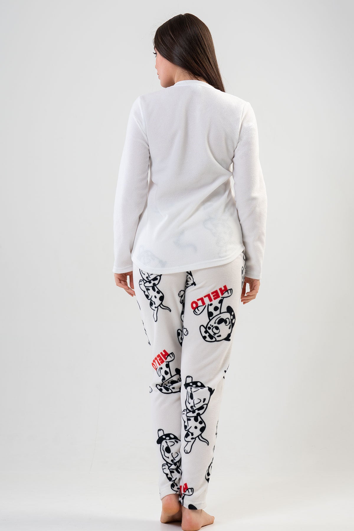 BAYAN POLAR O YAKA UZUN KOL ETEGI OVAL CEPLI PIJAMA TAKIM