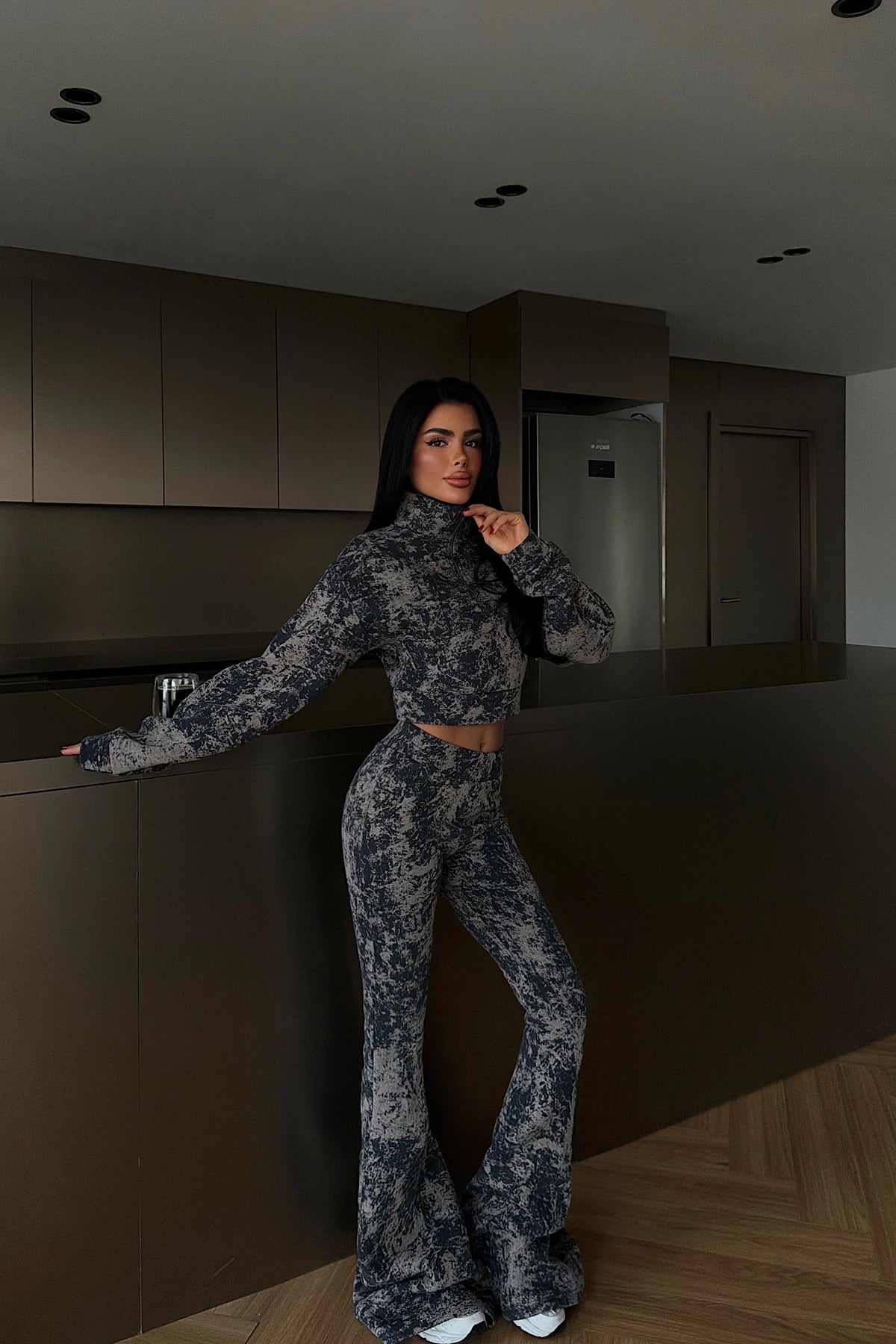 Lacivert Desen Crop Takım