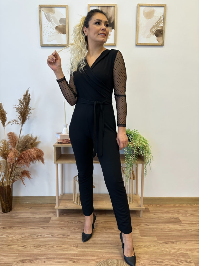 Kadın Uzun Kollu Kruvaze Yakalı Kolları Tül Detay Beli Kuşaklı Ithal Krep Tulum , 30840