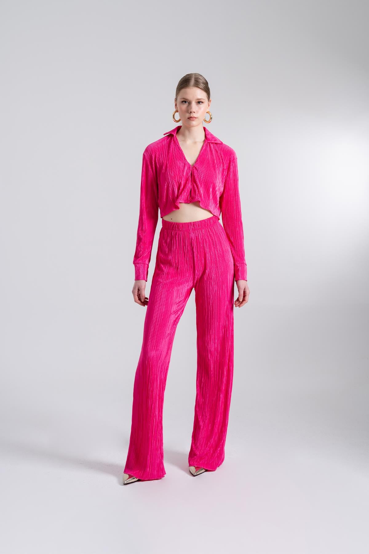 Crop Model Düğme Kapamalı Comfy Crop Gömlek Pembe