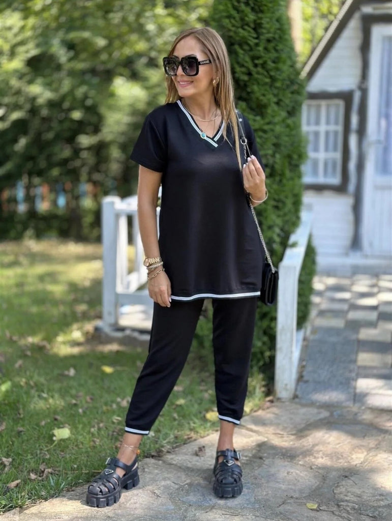 Kadın Kısa Kollu V Yakalı Iki Iplik Bluz Ve Pantolon Ikili Takım , 35789
