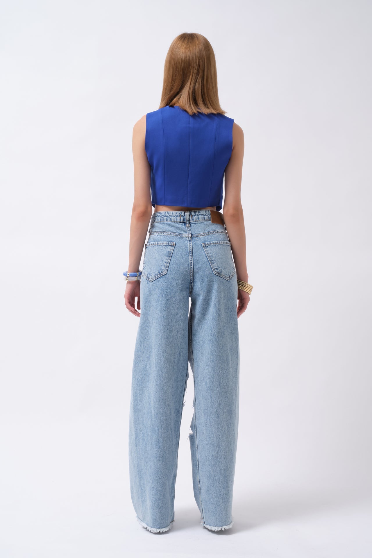 Düğmeli Saks Crop Yelek