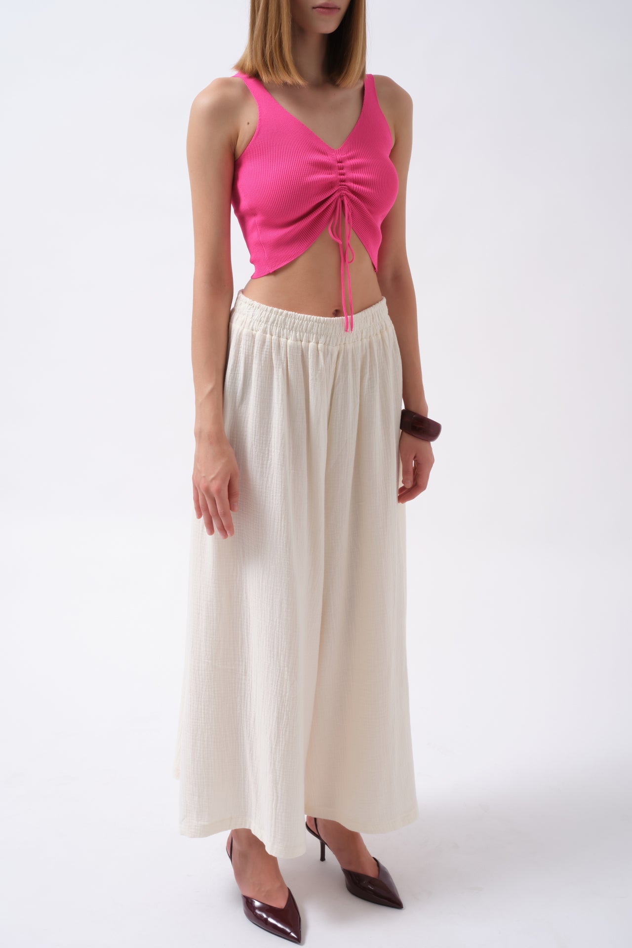 Ön Büzgülü Fuşya Crop Bluz