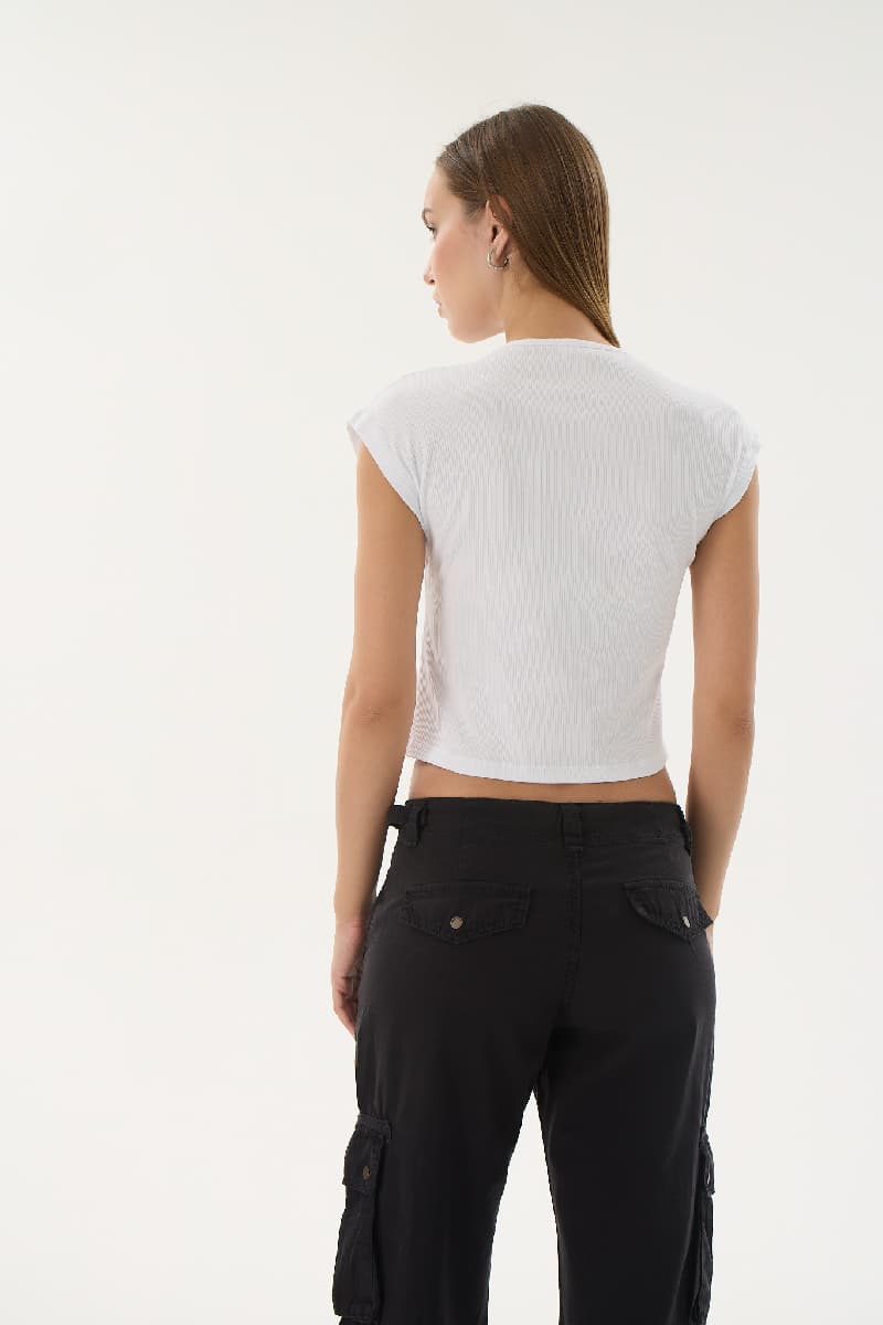 16153 KADIN Fitilli Düşük Kol T-shırt