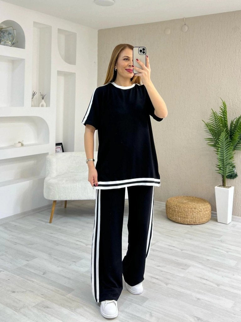 Kadın Kısa Kollu Bisiklet Yaka çift Renk şerit Detaylı Viskon Iki Iplik Bluz Ve Pantolon Ikili Takım , 33929