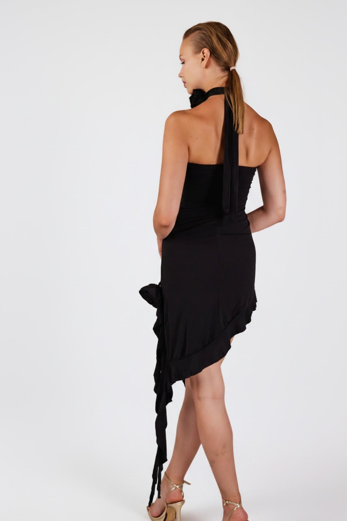 Çiçek Detaylı Fırfırlı Rosanna Elbise Siyah