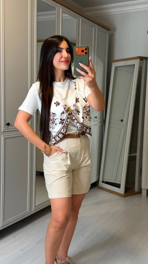 Kadın şal Desen Detay Bluz Ve Keten şort Ikili Takım