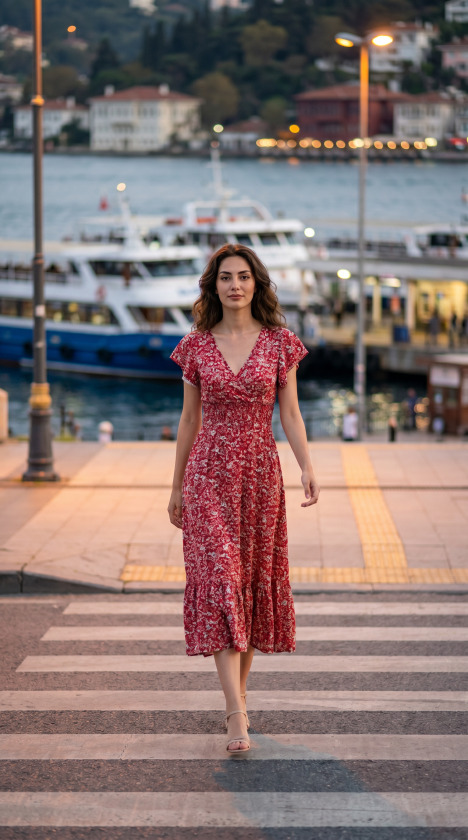 Kadın Kısa Kollu Kruvaze Yaka Beli Lastikli çiçek Desenli Elbise