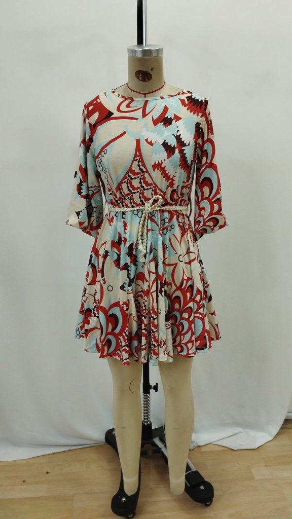 Kadın Kısa Balon Kollu Yuvarlak Yakalı Pileli Desenli Mini Elbise , 35522