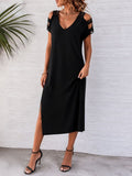 Women's Short Sleeve Striped Detail Side Slit Viscose Dress
