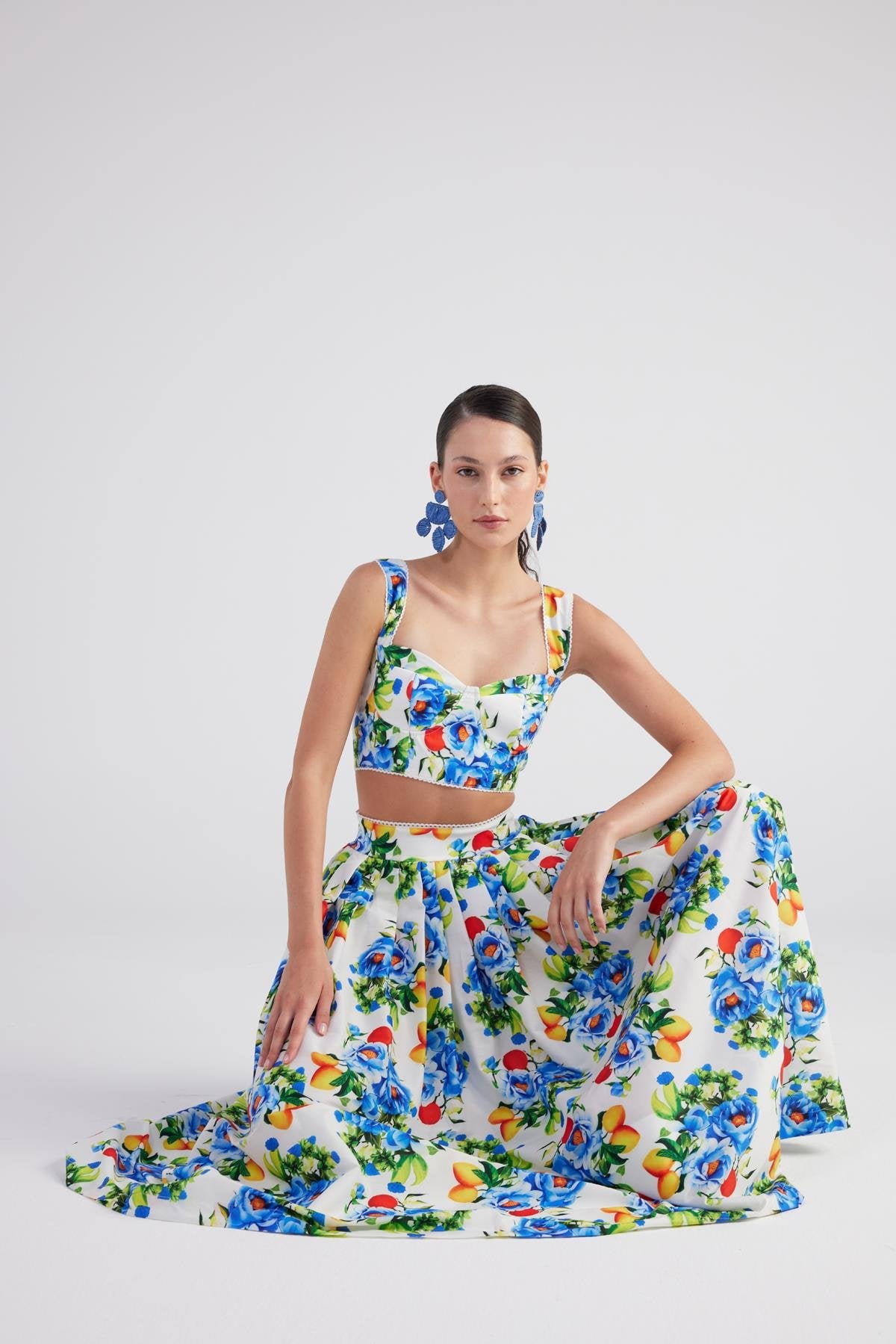 Cepli Desenli Uzun Ravello Etek Mavi