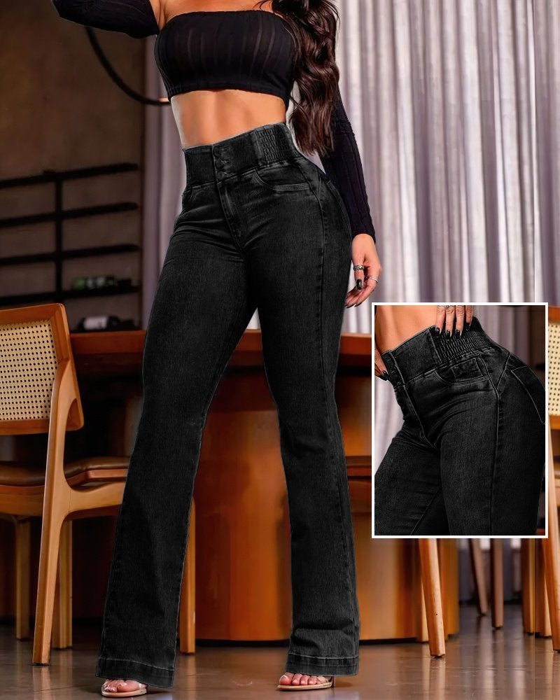 Kadın Yüksek Bel Yanları Lastik önü Düğmeli Kot Pantolon , 31782
