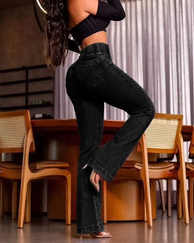 Kadın Yüksek Bel Yanları Lastik önü Düğmeli Kot Pantolon , 31782