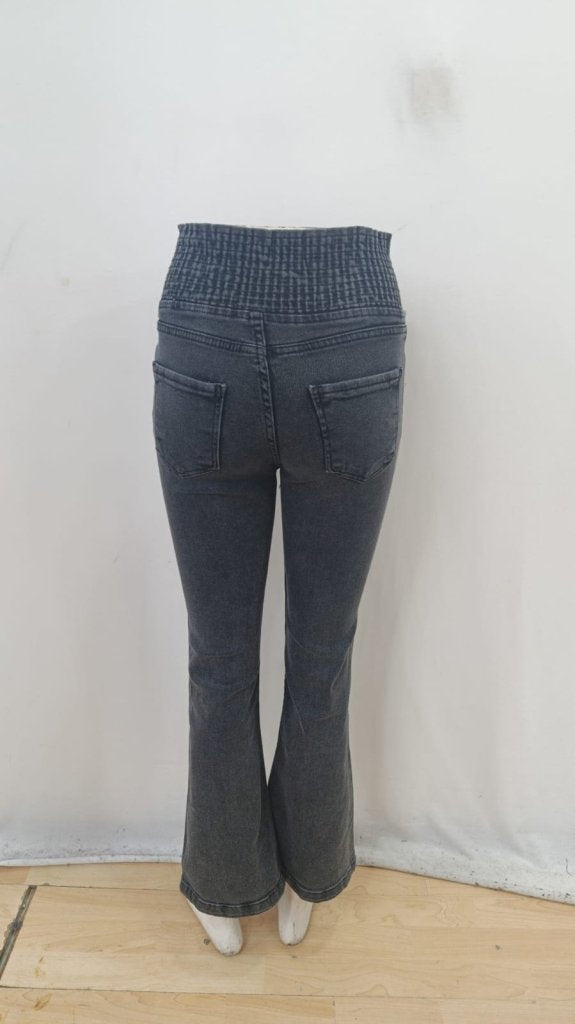 Kadın Yüksek Bel Yanları Lastik önü Düğmeli Kot Pantolon , 31782