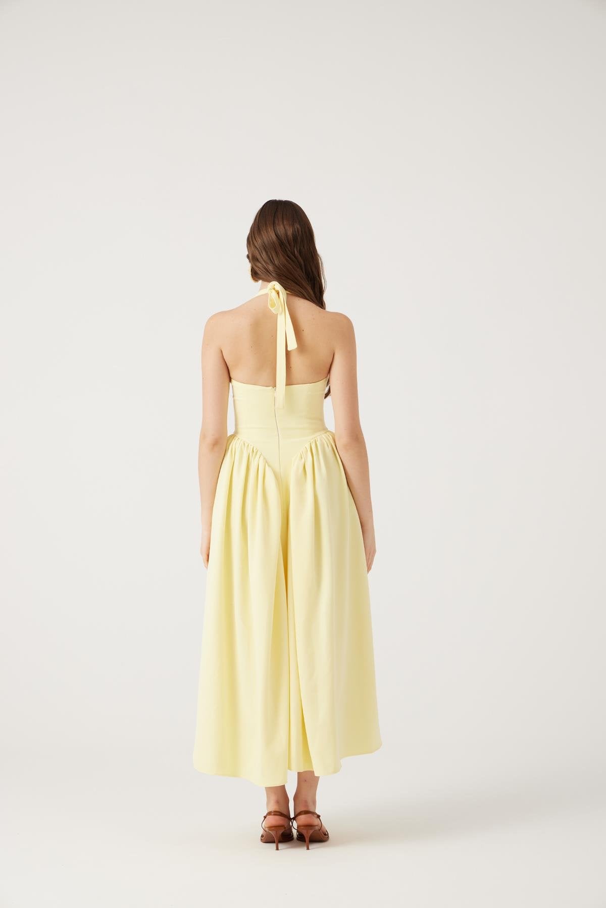 Boyundan Bağlamalı Bele Oturan Uzun Ophelia Elbise Sarı