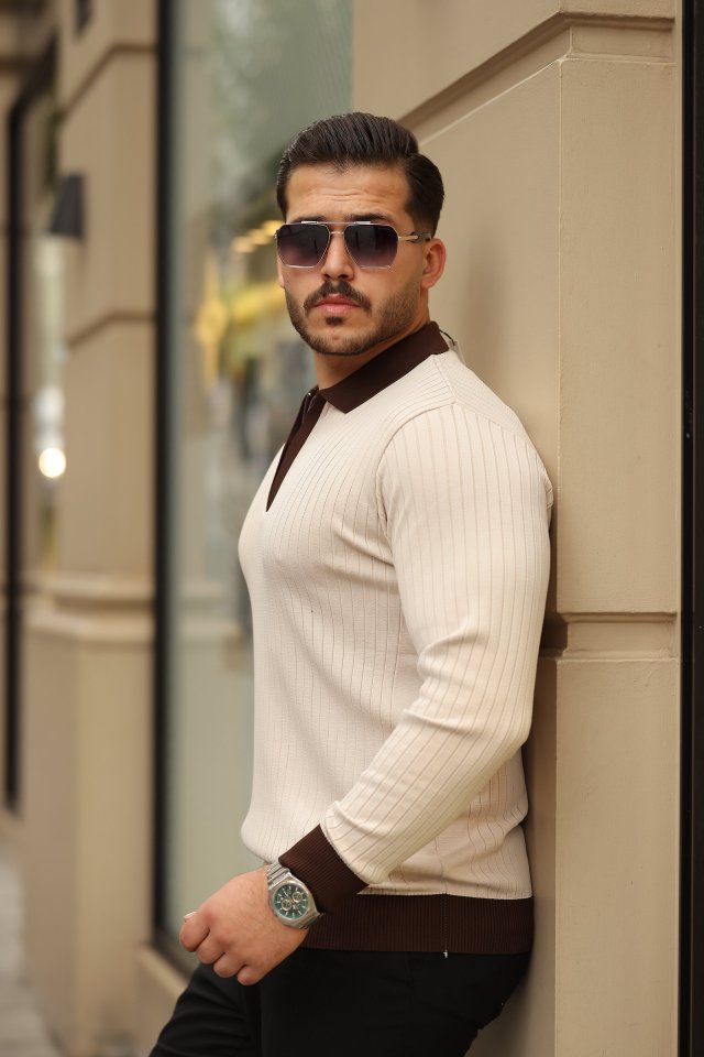 Erkek Kol Ve Yaka Detaylı Uzun Kollu Triko