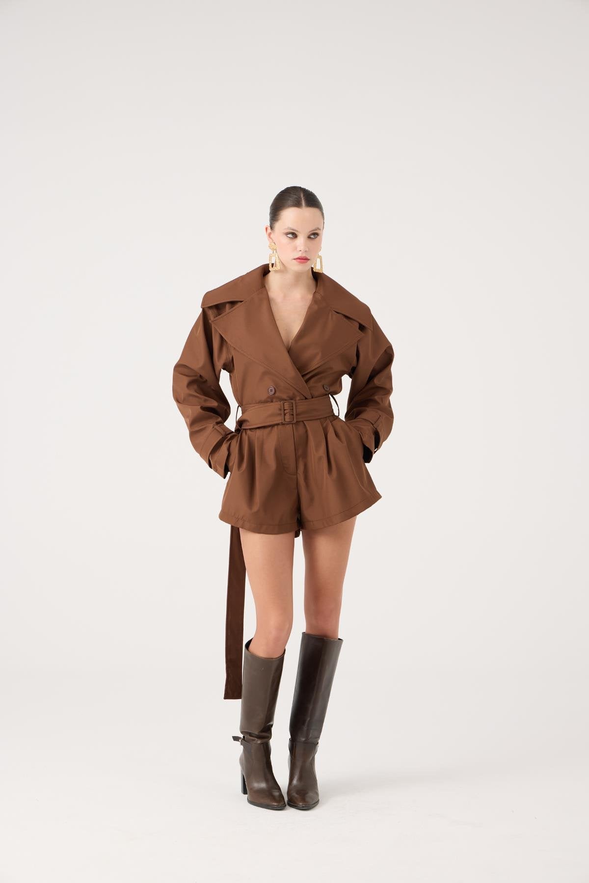 Trençkot Görünümlü Kemerli Regan Tulum Kahve