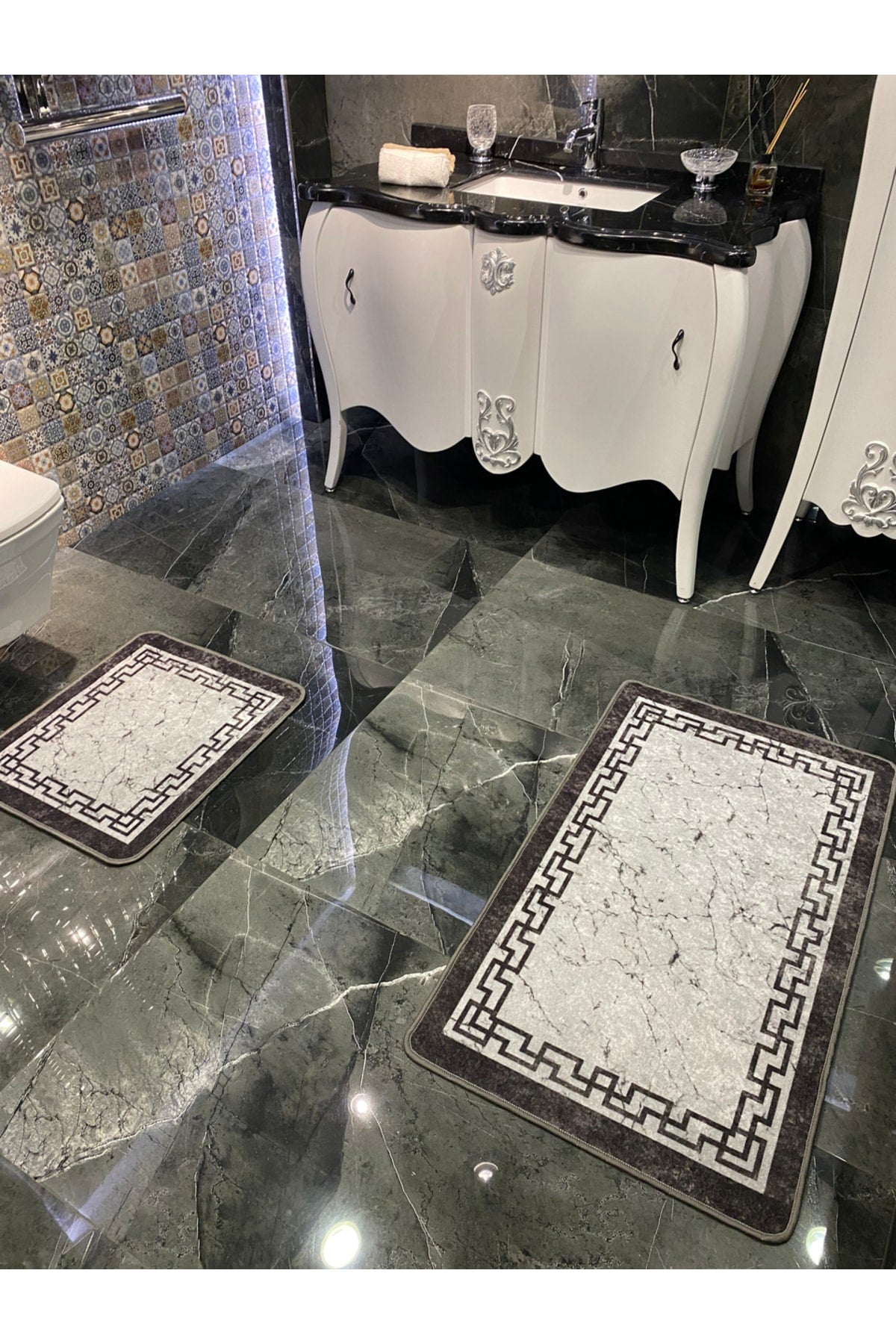 Lınaro 2'li Lateks Kaymaz Taban Su Geçirmez Banyo Paspas Takımı (60x100 - 60x50) Gri