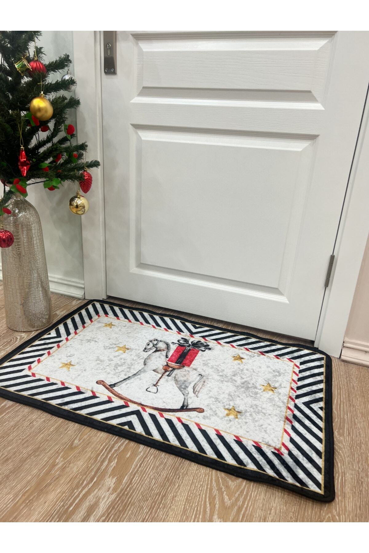 Present Yılbaşı Lateks Taban Kapı Önü Paspası (ebat 60x90) Gri-siyah