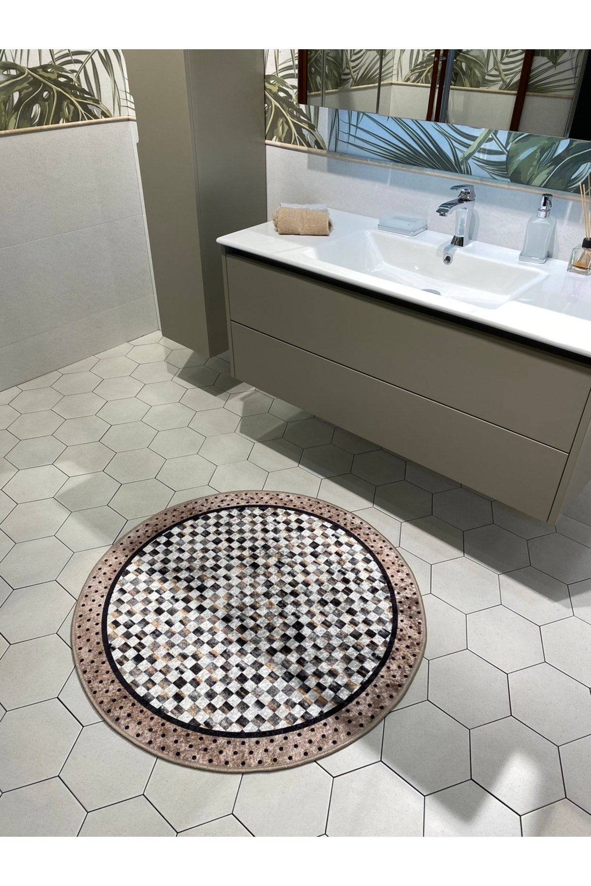 Robert Mavi Dama Desen Saçaksız Yuvarlak Banyo Paspası - Mavi Ebat 100x100