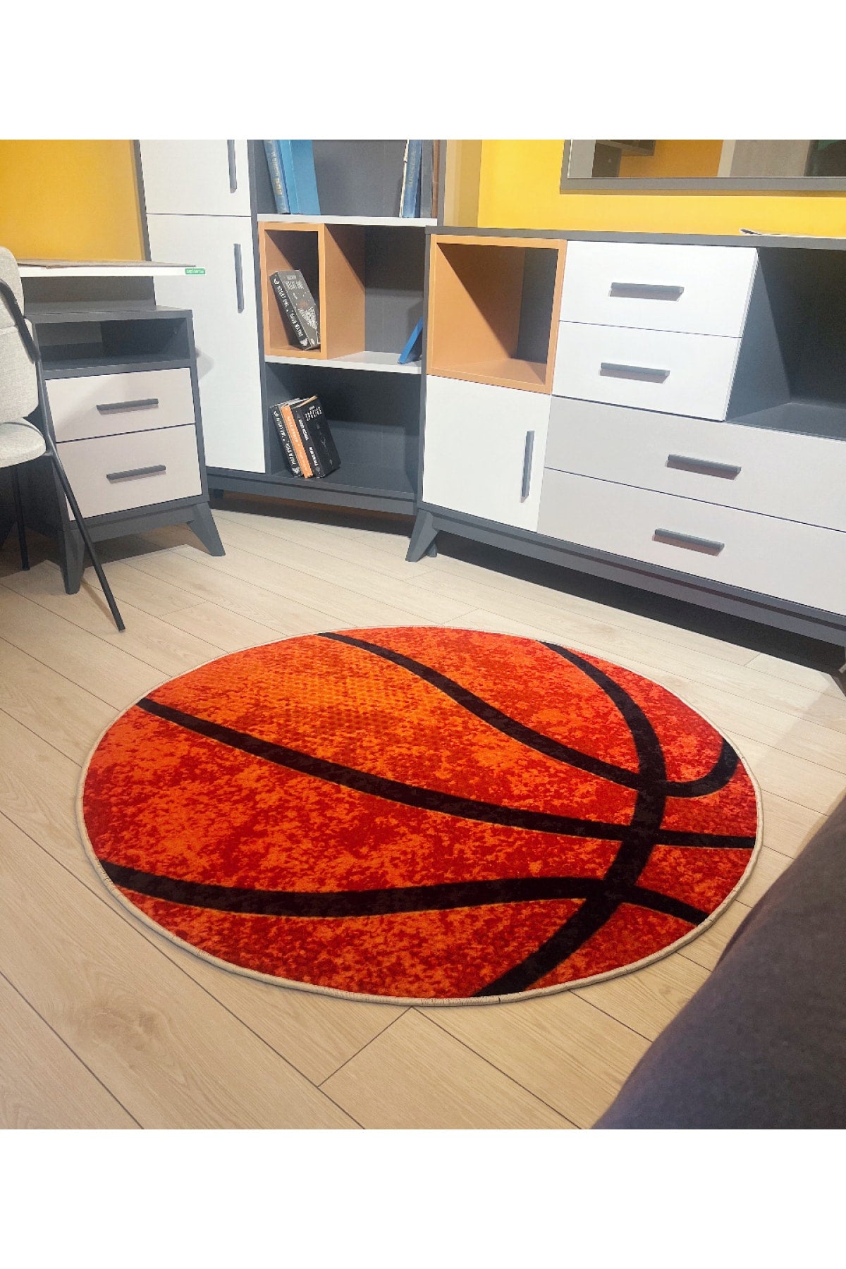 Basketbol Topu Desenli Yıkanabilir Yuvarlak Çocuk Genç Halısı - Turuncu