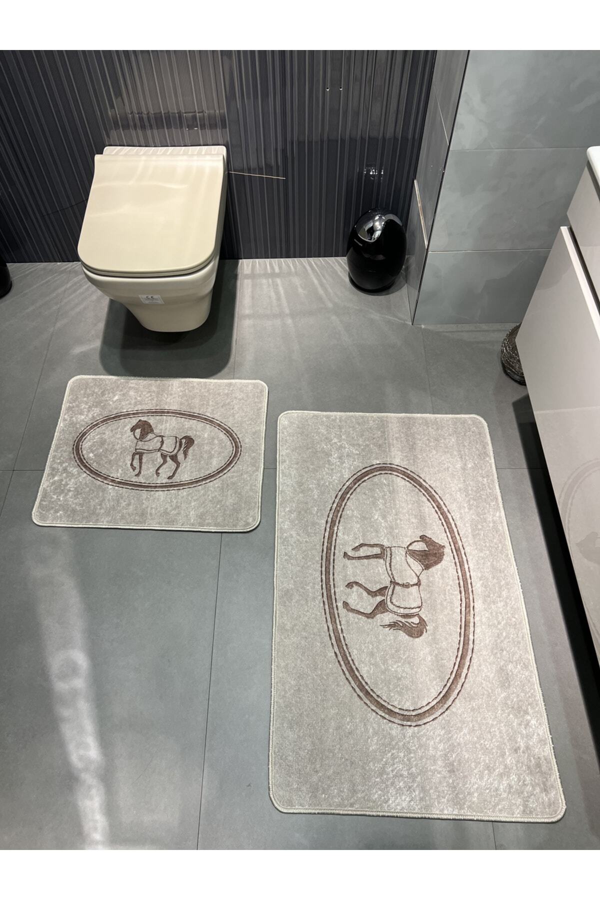 Siyah At Desen Horse Desenli 2'li Deri Taban Banyo Paspas (60x100 - 60x50)