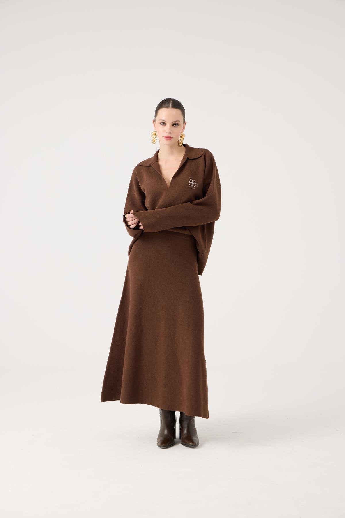 Beli Lastikli Uzun Zoi Triko Etek Kahve