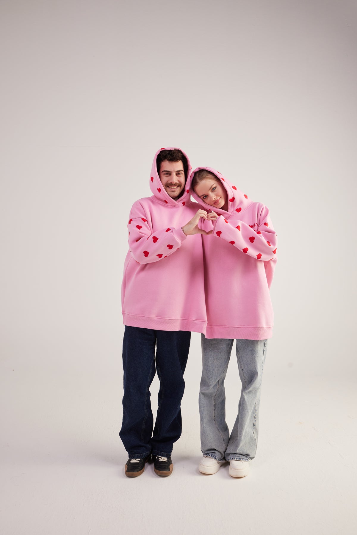 Kalp Baskılı Çift Giyilir Lovebombing Sweatshirt Pembe