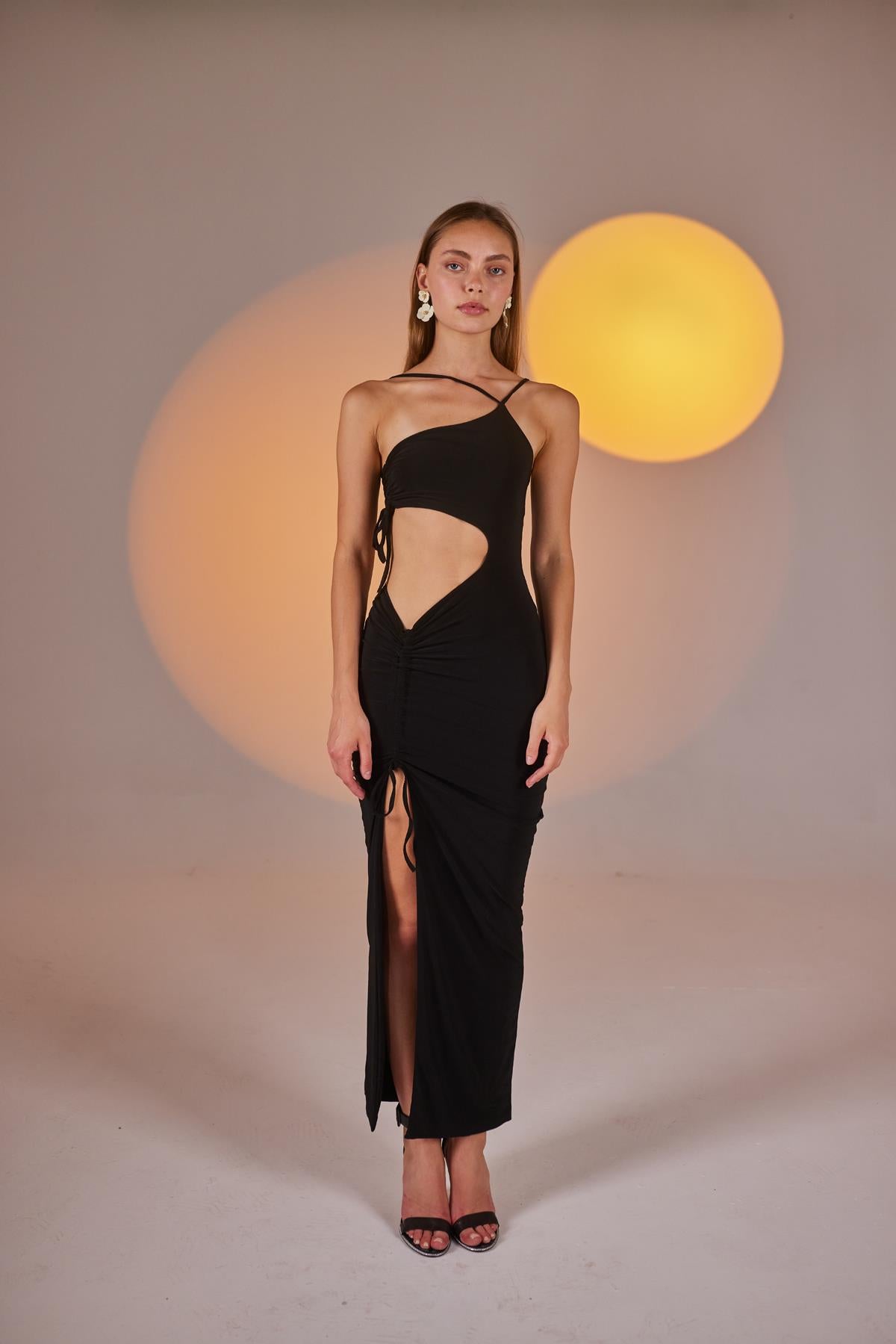 Tek Omuz Göbek Dekolteli Yırtmaçlı Esnek Ellie Elbise Siyah