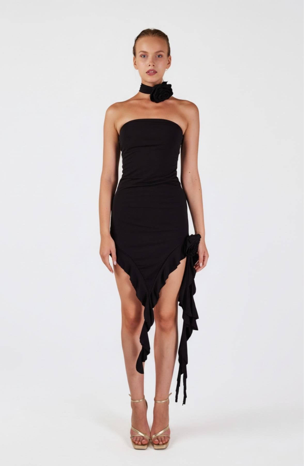 Çiçek Detaylı Fırfırlı Rosanna Elbise Siyah Siyah L