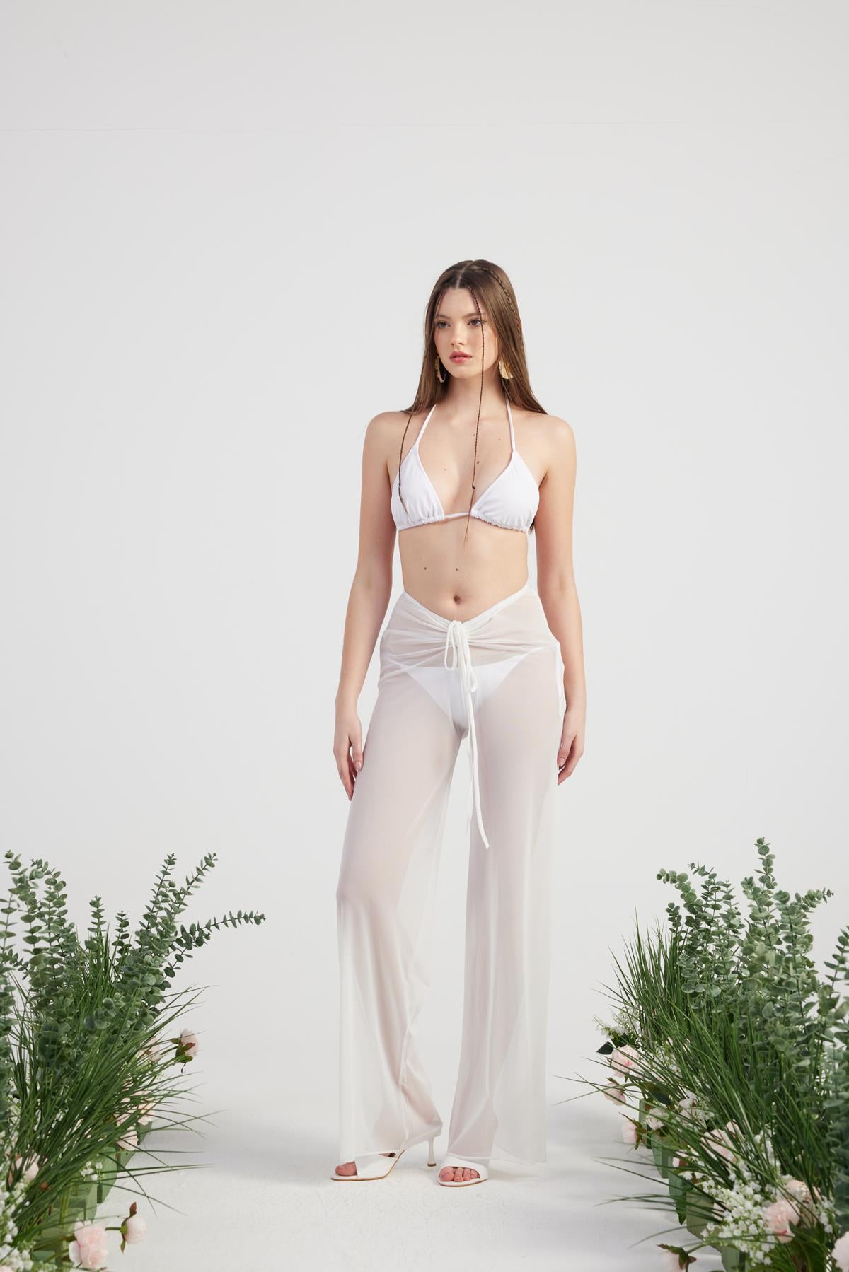 Beli İp Detaylı Tül Pareo Shirred Pantolon Beyaz