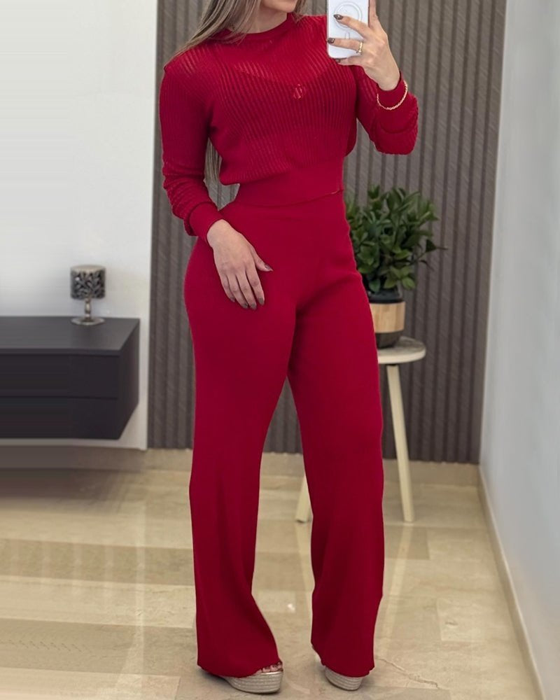 Kadın Uzun Kollu Yuvarlak Yaka Transparan Detaylı Triko Bluz Ve Pantolon Ikili Takım, 31662