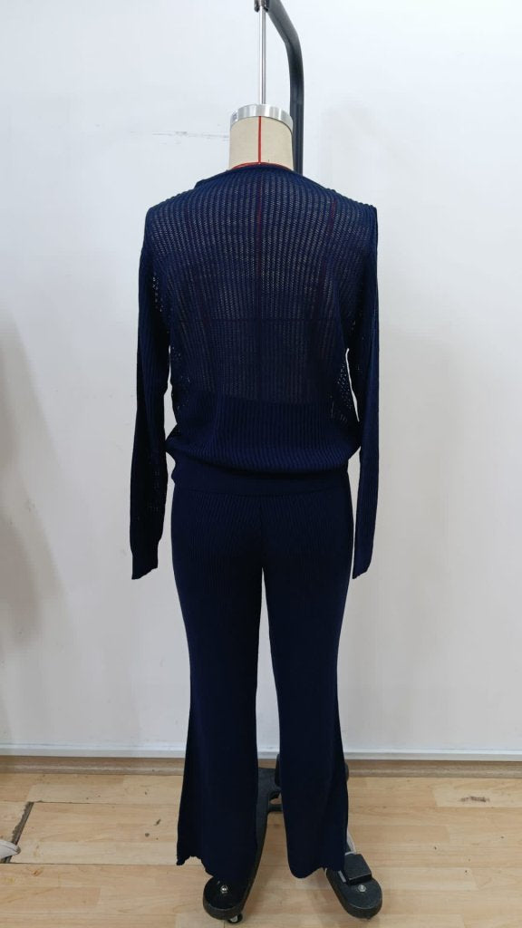 Kadın Uzun Kollu Yuvarlak Yaka Transparan Detaylı Triko Bluz Ve Pantolon Ikili Takım, 31661
